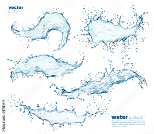 Isolated blue water wave splashes and flow with drops. Vector transparent liquid splashing fluids with droplets, realistic 3d elements, fresh clear aqua drink, flying or pour with air bubbles