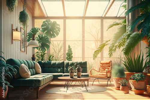 Cozy Mid Century Jungle Oasis Living Sun Room Interior With Indoor Plants With Sunlight In Spring, Spring Season, Generative Ai