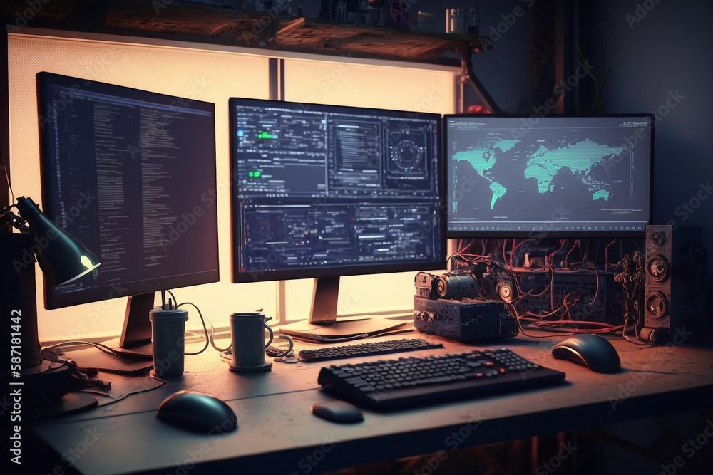 monitor on the table It engineer working space, Generative AI monitor on the table It engineer working space, Generative AI