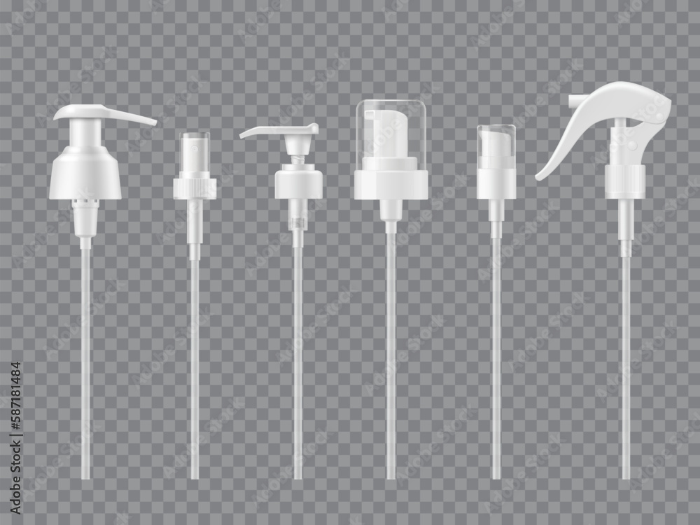Pump droppers, bottle or cosmetic container spray caps, vector white
