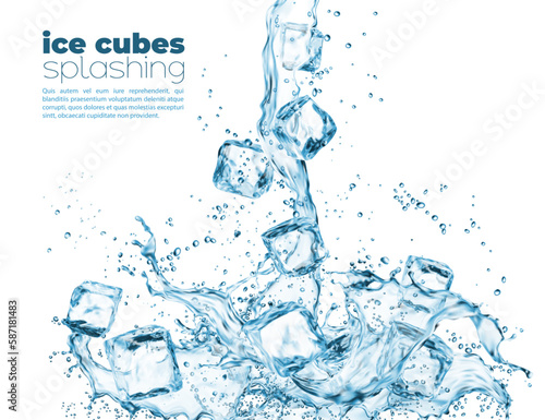 Blue water wave cascade splash with ice crystal cubes. Vector design with falling iced blocks and melting droplets. Realistic liquid transparent wave, fresh drink and frozen icy pieces 3d graphics