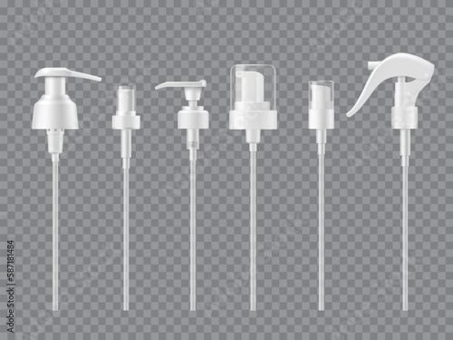 Pump droppers, bottle or cosmetic container spray caps, vector white mockups. Plastic dropper pumps of lotion, shampoo or atomizer sprayer and liquid soap dispenser lid with trigger and nozzle