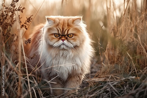 Persian cat strolling through the grass. Generative AI