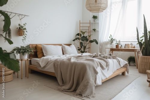 Minimalist bedpost with knit blanket in bright bedroom with plants and carpeting. Real picture. Generative AI © AkuAku