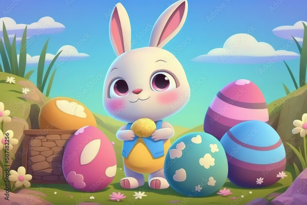 Easter rabbit with colorful holiday eggs. Cute fluffy bunny celebrating spring holiday. Generated Ai.