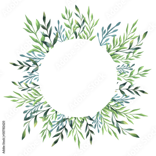 Round watercolor template with green leaves and circular place for text. watercolor illustration hand drawn