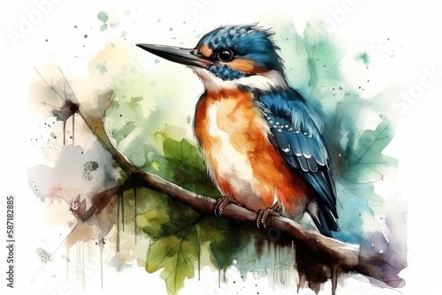 colorful bird perched on a tree branch in a natural setting. Generative AI