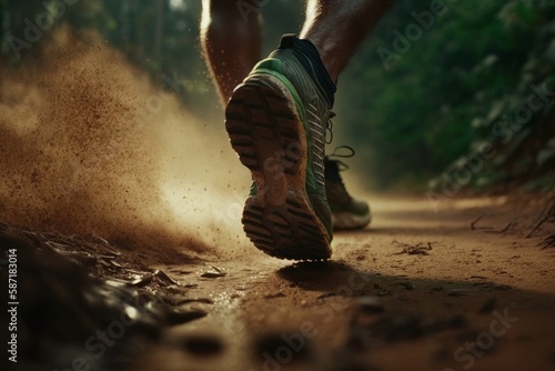 Athlete running on forest trail. Fitness and healthy lifestyle concept. Generative AI