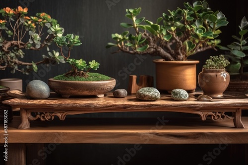 Antique wooden table shelf with pebble and potted bloom bonsai, green flowers, over boho wooden living room, zen clean architectural concept idea,. Generative AI