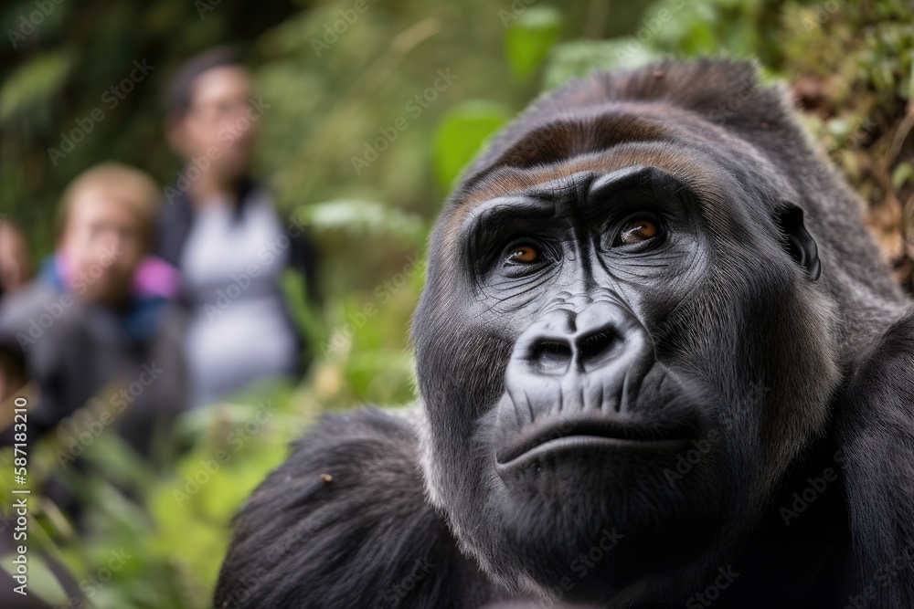 Obraz premium A gorilla stares inquisitively at a swarm of people. Generative AI