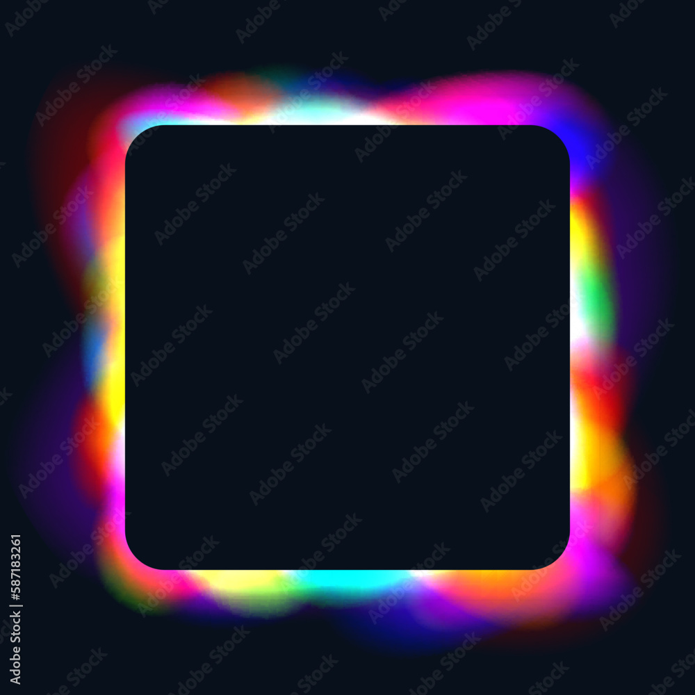 Black frame with blurred colorful gradients, glowing buttons with holographic light blur effect. Trendy vivid futuristic blurry square banner, neon fluid gradient elements.