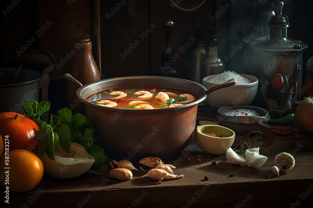 Tom Yum or spicy tom yum soup with chicken - Authentic Thai-style food, famous in Thailand, photo-realistic illustration, generative AI technology. Tom Yum or spicy tom yum soup with chicken - Authentic Thai-style food, famous in Thailand, photo-realistic illustration, generative AI technology.