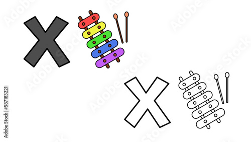 Cartoon xylophone and letter x coloring book vector illustration for children