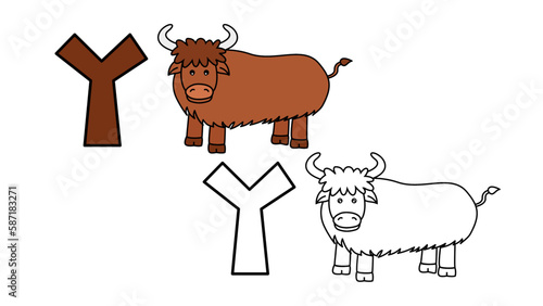 Cartoon yak and letter y coloring book vector illustration for children