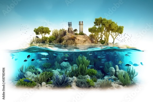 An illustration of an aquarium or ocean scene. advertisements for vacation and tourism on a remote island paradise. Background in travel and leisure. Beautiful underwater landscape with surfing waves