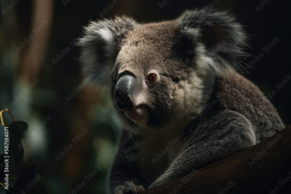 Fototapeta premium cute koala perched on a eucalyptus tree branch. Generative AI
