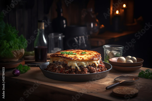 Greek moussaka closeup photographic, professional background, generative AI tech.