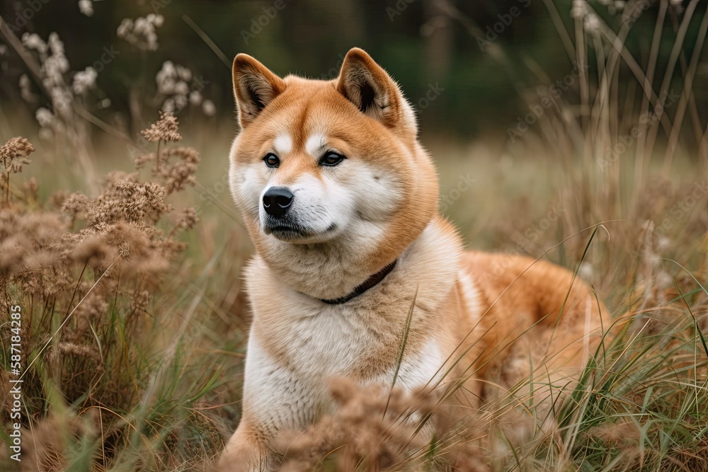 Akita Inu canine on lush grass. Generative AI
