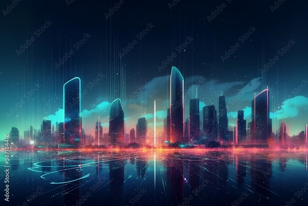 futuristic lit skyscrapers in night city under cloudy sky, ai generated