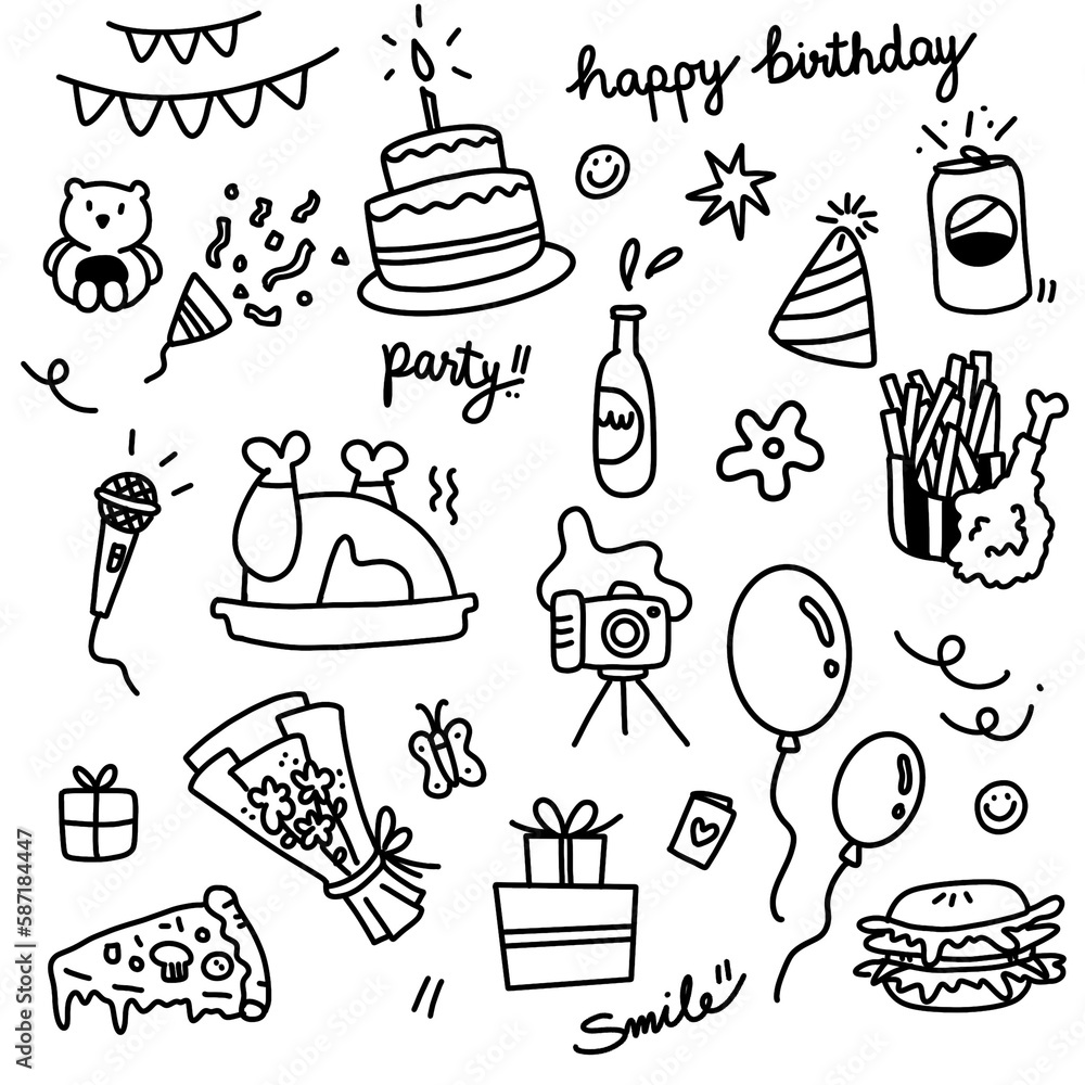 Birthday party icon set with free hand drawing in black and white color ...