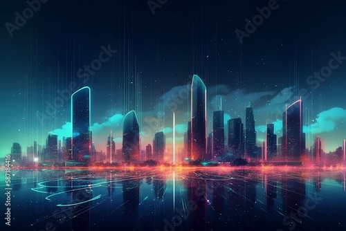 futuristic lit skyscrapers in night city under cloudy sky  ai generated