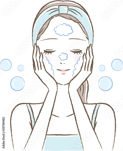 泡立てて顔を洗う若い女性のイラスト