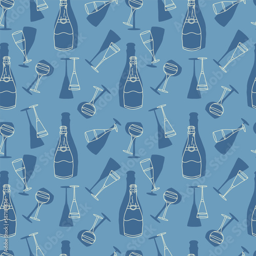 Seamless pattern with champagne bottle and champagne glasses in doodle style with champagne silhouettes in the background. Doodle liquor glasses, bottle, silhouettes of liquor glasses and bottle