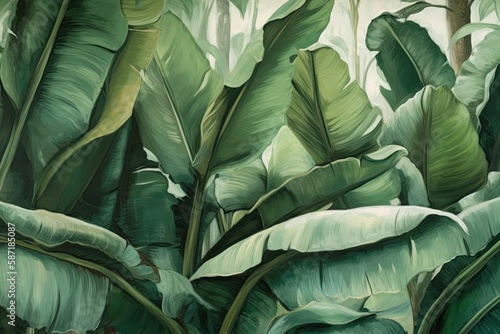 Fotobehang Banana leaf wallpaper, oil painting, green backdrop, mural art