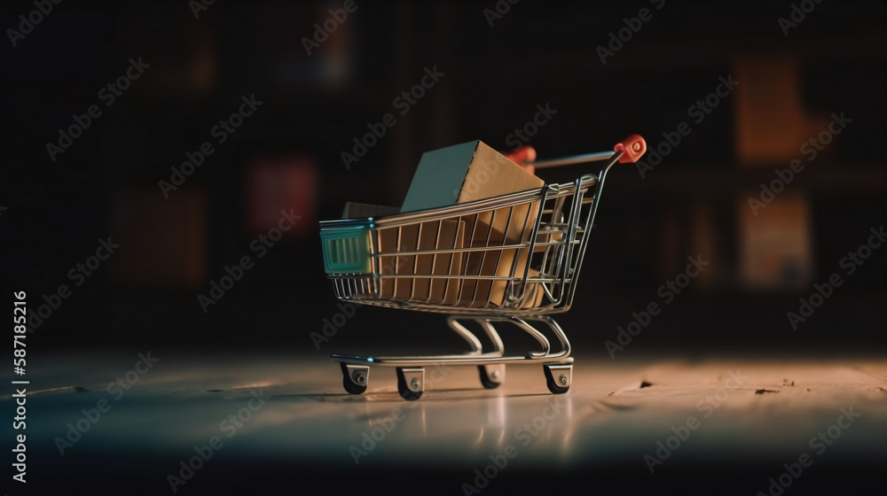 Shopping online, Product package boxes and shopping bag in cart with which web store shop and delivery online. cardboard box with a shopping cart. Shopping service on The web. offers home delivery..