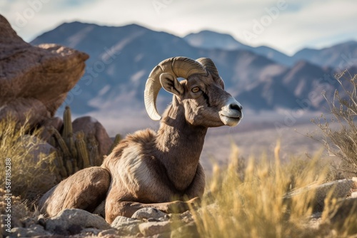 A Bighorn Sheep keeps guard over his present grazing area. Generative AI photo