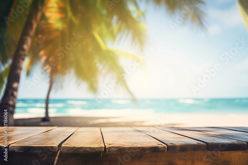 Empty wood table in front of blue sky on summer sea with palm leaf blurred bokeh background concept image for product Generative AI