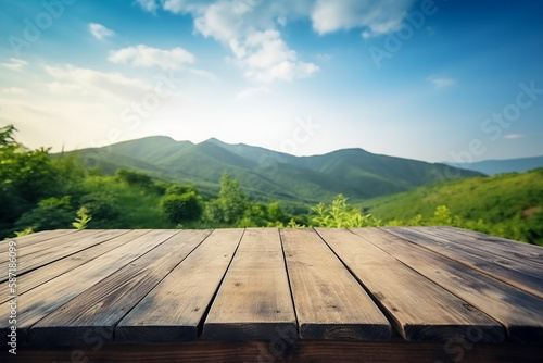 Empty wood table in front of green mountain and blue sky at summer blurred background concept image for product Generative AI