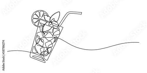 Glass of mojito, or cocktail with lemon and mint. Continuous line drawing.