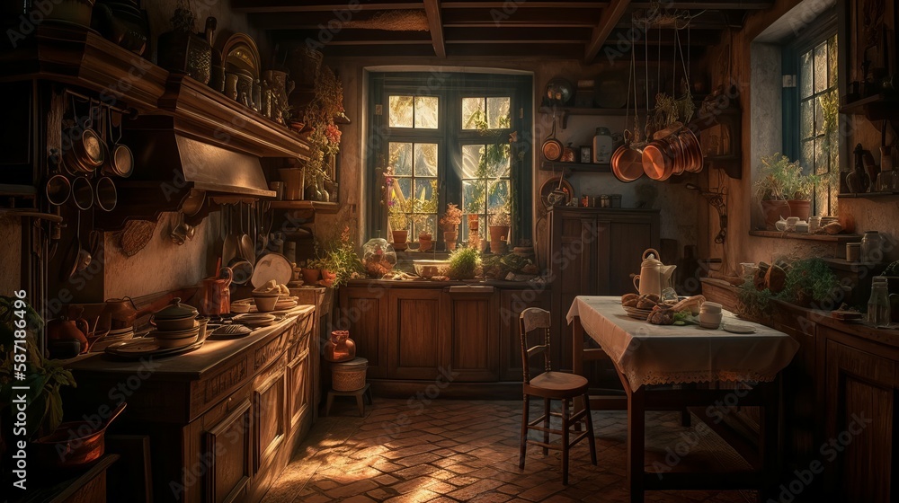 Lovely cozy Kitchen stocked with groceries and herbs stock illustration generative ai