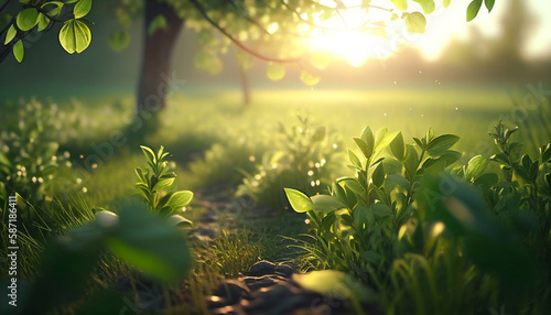 Green leaves on branch and green grass with morning sunlight ,spring and summer background,Generative AI © RainMelon