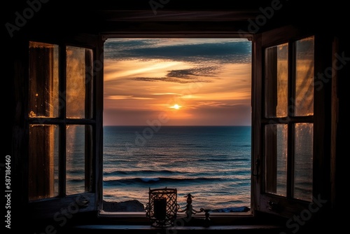 view of the sea at sunset through an open window in a dark room. Generative AI