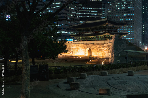 Sungnyemun Gate or Namdaemun Gate and Fortress Wall during winter night at Jung-gu   Seoul South Korea   6 February 2023