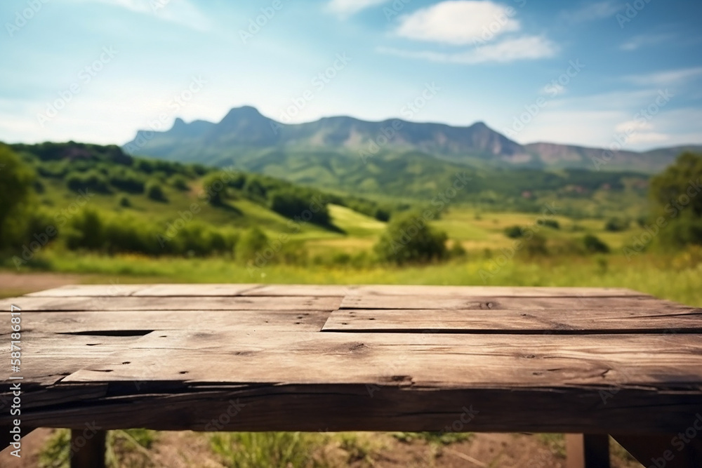 Empty wood table in front of green mountain and blue sky at summer blurred background concept image for product Generative AI Empty wood table in front of green mountain and blue sky at summer blurred background concept image for product Generative AI