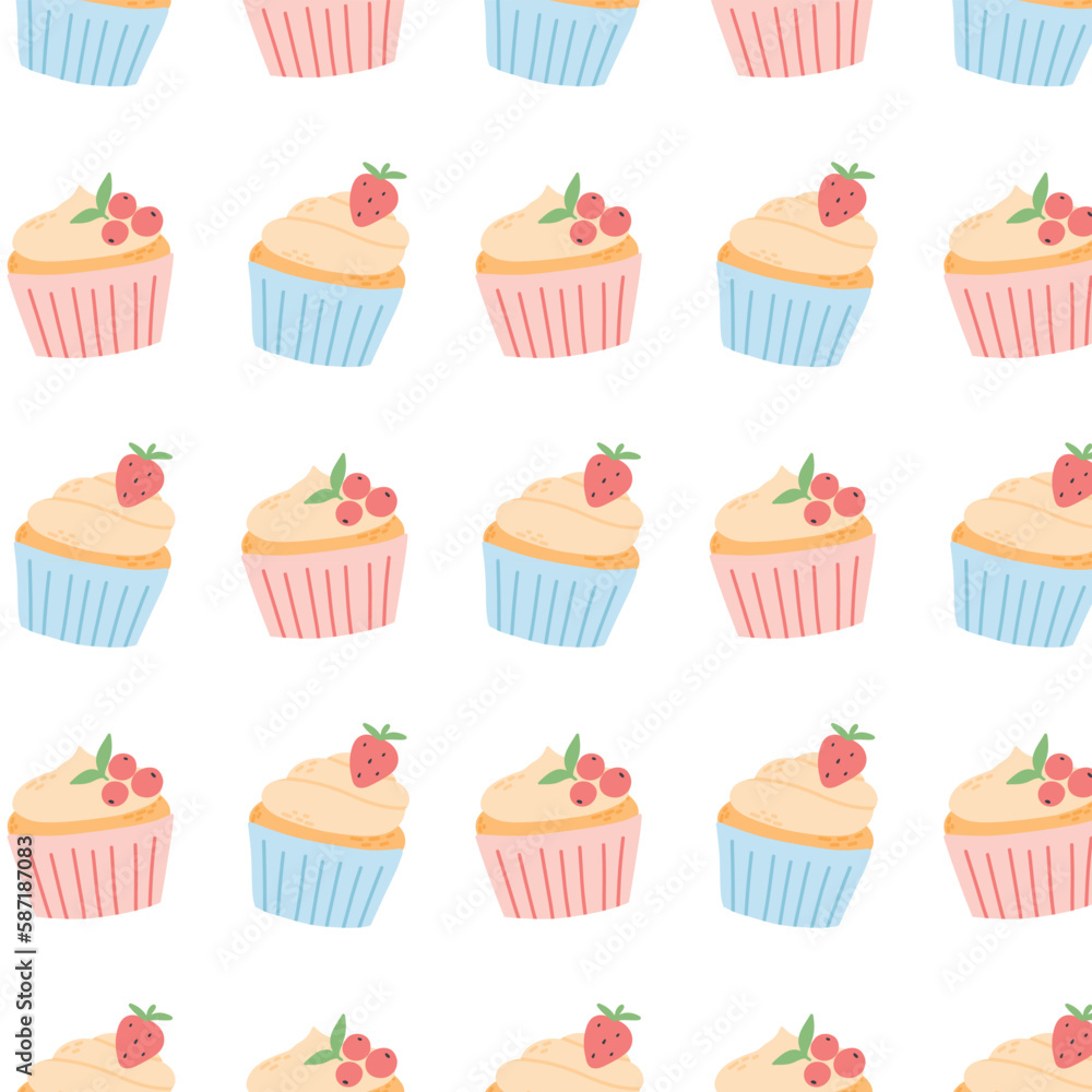 Seamless pattern with muffins. Print with cupcakes with kem and berries. Vector illustration. Flat style. Seamless pattern with muffins. Print with cupcakes with kem and berries. Vector illustration. Flat style.