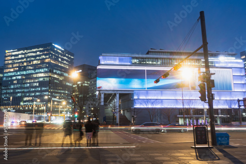 Beautiful city and nightscape around Gwanghwamun square during winter night at Jongno-gu , Seoul South Korea : 7 February 2023 photo