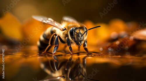 A bee drinks water from a puddle. © Thamidu