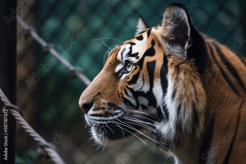 Close up of a tiger in captivity behind cables. Generative AI