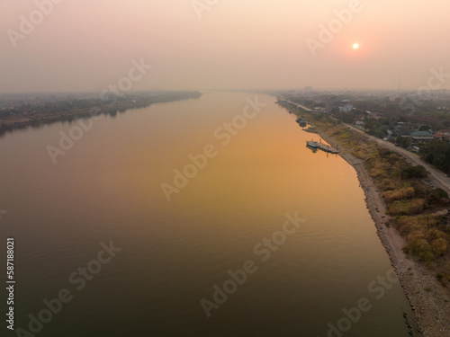 Morning Mekong River at Nong Khai provice is a border between Laos(left) and Thai(right). photo