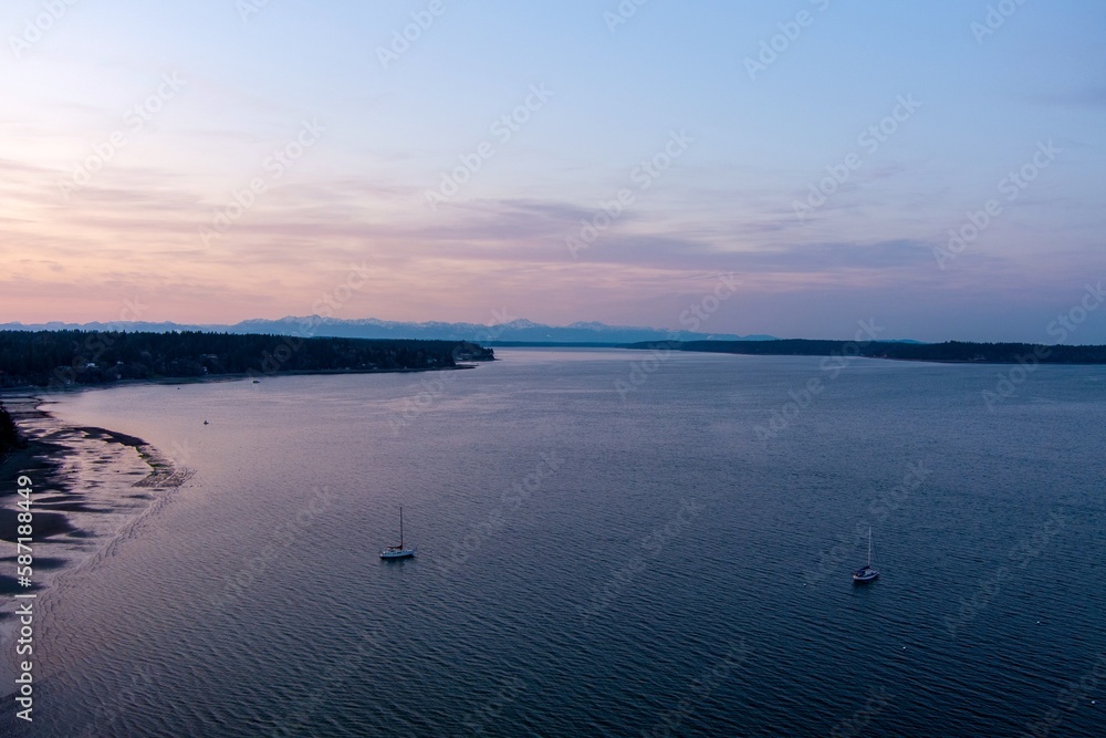 Sailboats on the Puget Sound at sunset