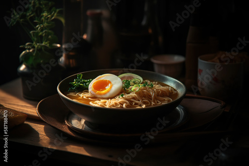 Close up photographic Miso Ramen Asian noodles with egg, in dark bowl on dark background. Japanese cuisine. generative AI technology.