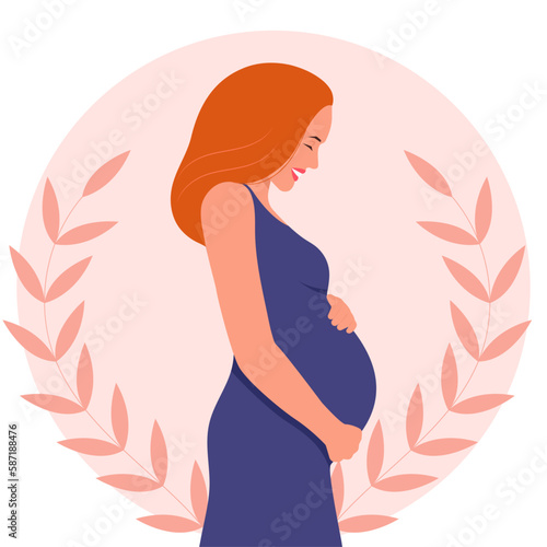 Happy pregnant woman hugging her belly. Future mom. Vector illustration in a flat style. Healthcare concept.