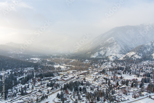 Aerial view of Leavenworth, Washington at sunrise in December