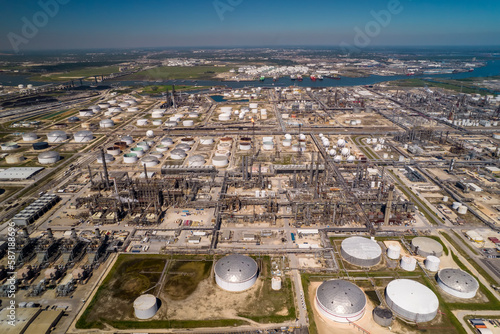 Aerial view of Chemical factory nearby Houston in Texas. Refinery is making gas and diesel for gas station and truck stops. 