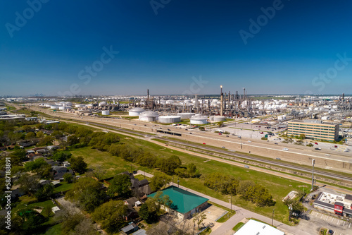 Aerial view of Chemical factory nearby Houston in Texas. Refinery is making gas and diesel for gas station and truck stops. 