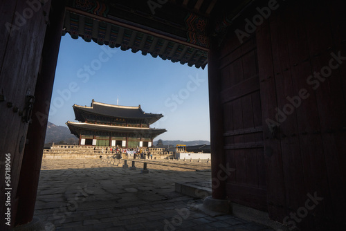 The Throne Hall or Geunjeongjeon at Gyeongbokgung Palace and around during winter morning at Jongno-gu , Seoul South Korea : 8 February 2023